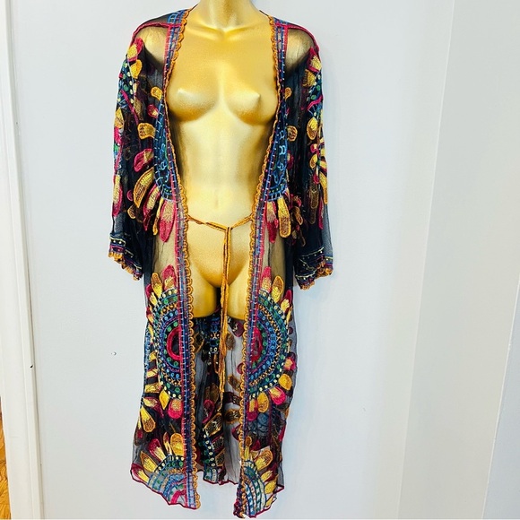 Boho bohemian colorful embroidered Sheer Kimono swim long Cover-Up - Picture 4 of 4